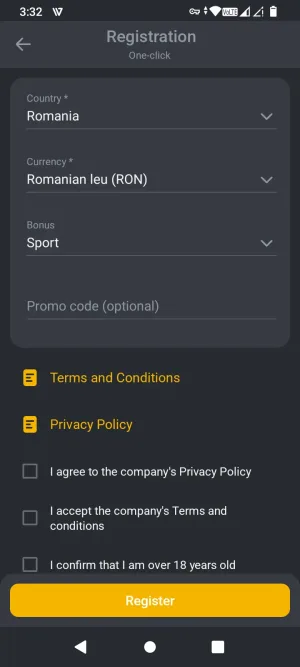 Bet&U one-click registration form with country, currency, and bonus