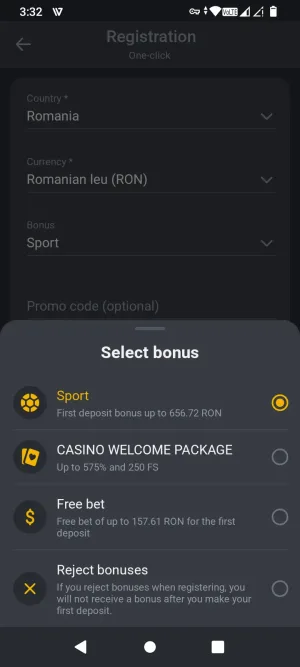 Bet&U welcome bonus selection screen
