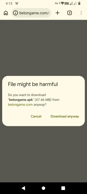 Browser warning before downloading the BetOnGame APK file
