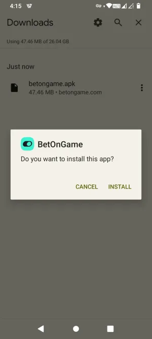 Android install prompt for the BetOnGame app