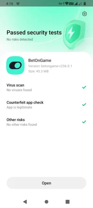 Google Play Protect scan showing the BetOnGame APK passed with no risks detected