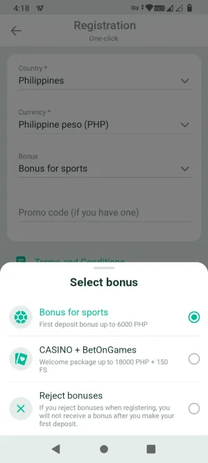 BetOnGame welcome bonus selection screen