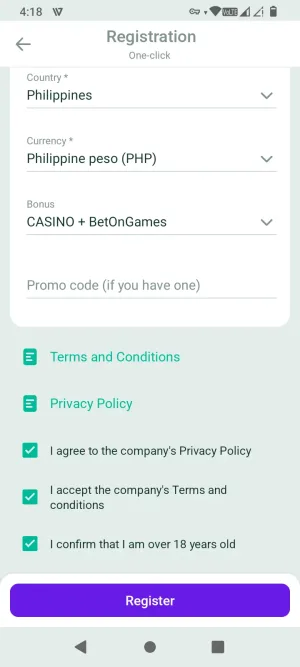 BetOnGame one-click registration form with country, currency, and bonus