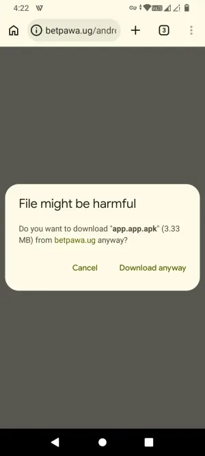 Browser warning before downloading the betPawa APK file