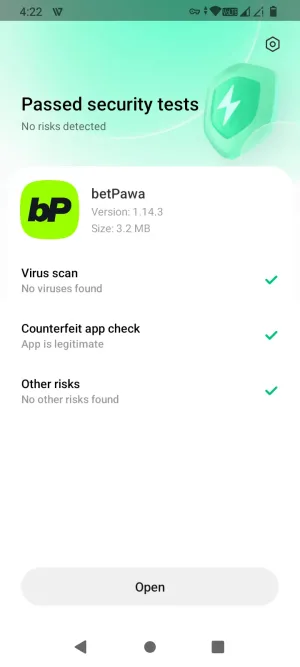 Google Play Protect scan showing the betPawa APK passed with no risks detected