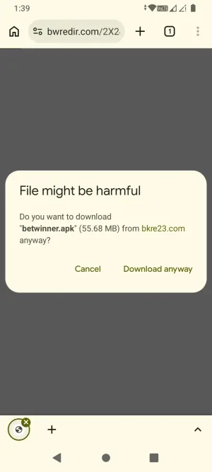 Browser warning before downloading the BetWinner APK file