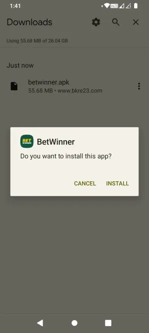 Android install prompt for the BetWinner app