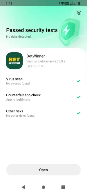 Google Play Protect scan showing the BetWinner APK passed with no risks detected