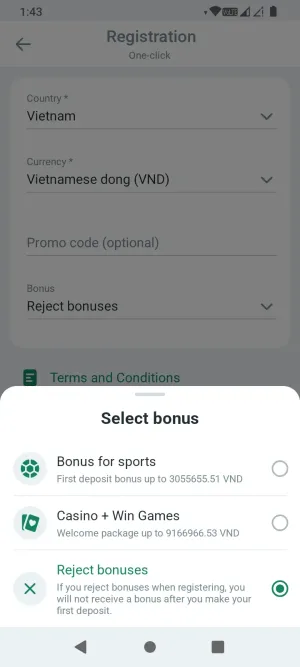BetWinner welcome bonus selection screen