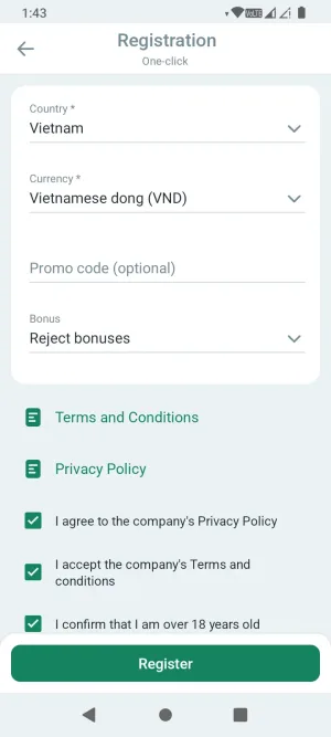 BetWinner one-click registration form with country and currency