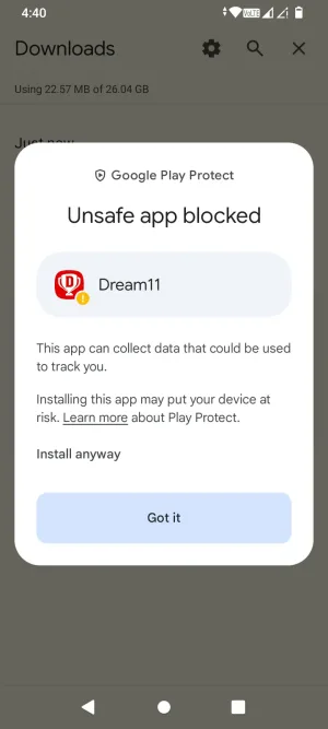 Google Play Protect warning before installing an app from outside the Play Store
