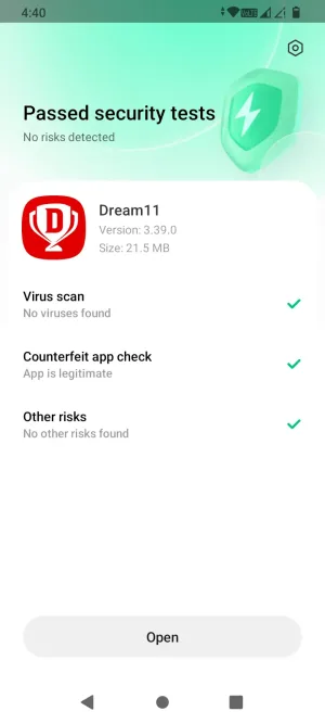 Google Play Protect scan showing the Dream11 APK passed with no risks detected