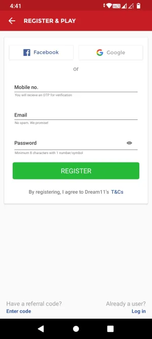 Dream11 registration form with Facebook, Google, mobile number, email, and password options