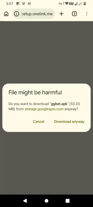 Browser warning before downloading the GG.BET APK file