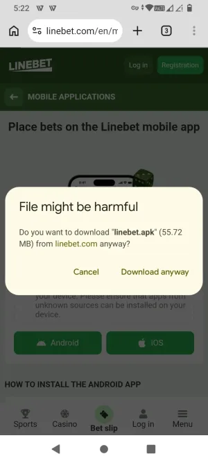 Browser warning before downloading the Linebet APK file