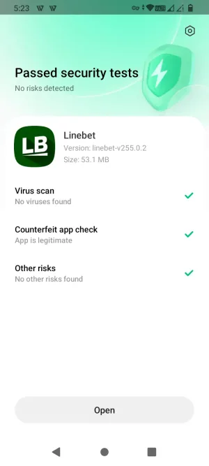 Google Play Protect scan showing the Linebet APK passed with no risks detected