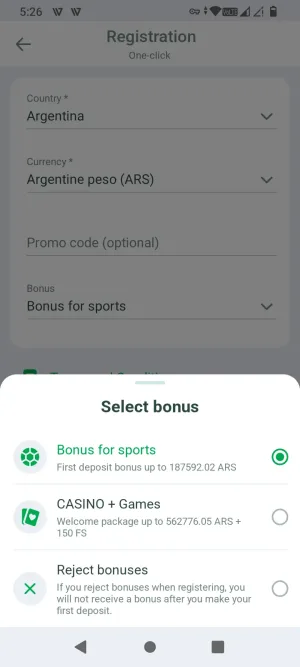 Linebet welcome bonus selection screen