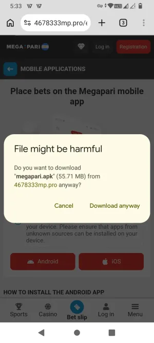 Browser warning before downloading the Megapari APK file