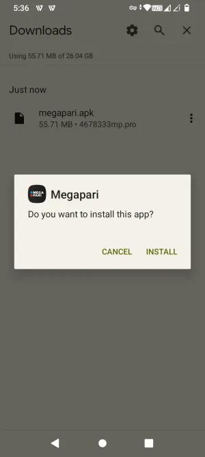 Android install prompt for the Megapari app