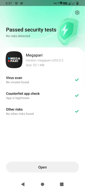 Google Play Protect scan showing the Megapari APK passed with no risks detected