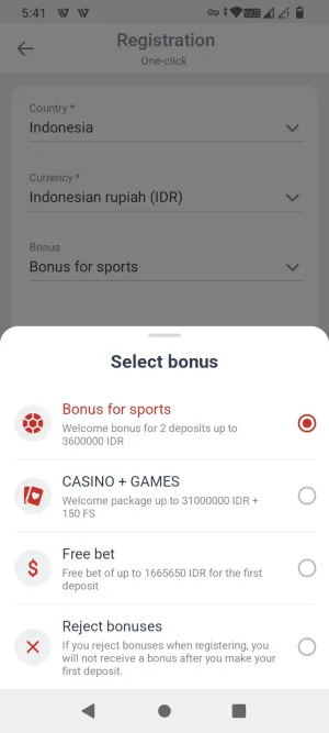 Megapari welcome bonus selection screen
