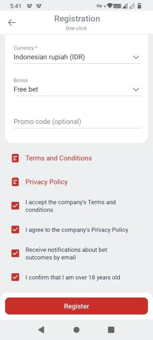 Megapari one-click registration form with currency, bonus, and terms accepted