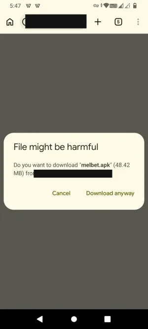 Browser warning before downloading the MelBet APK file