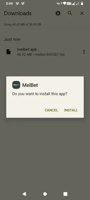 Android install prompt for the MelBet app