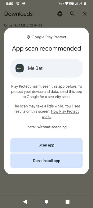 Google Play Protect recommending a security scan of the MelBet APK