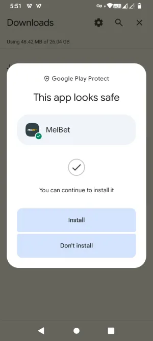 Google Play Protect confirming the MelBet app looks safe
