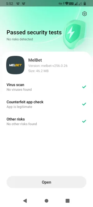 Google Play Protect scan showing the MelBet APK passed with no risks detected