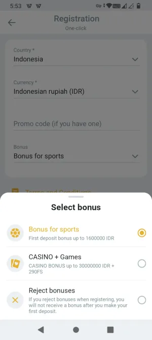 MelBet welcome bonus selection popup during one-click registration
