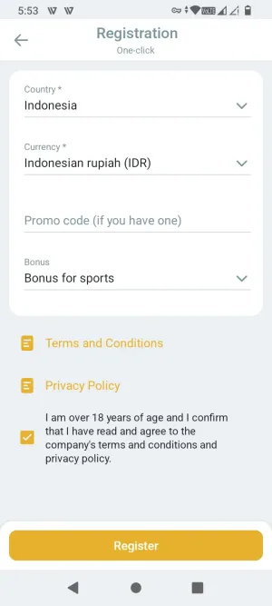 MelBet one-click registration form with country, currency, and bonus selected