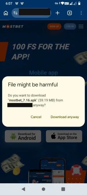 Browser warning before downloading the Mostbet APK file