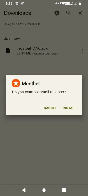 Android install prompt for the Mostbet app