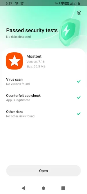 Google Play Protect scan showing the Mostbet APK passed with no risks detected