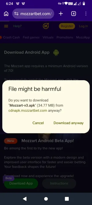 Browser warning before downloading the Mozzart APK file