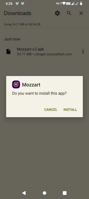 Android install prompt for the Mozzart app