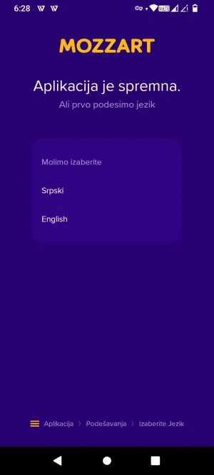 Mozzart app language selection on first launch