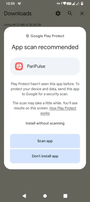 Google Play Protect recommending a scan before installing PariPulse