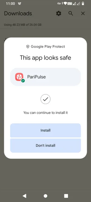 Google Play Protect confirming the PariPulse app looks safe