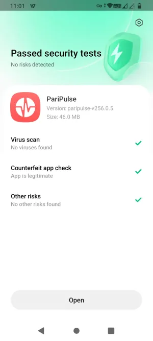 Google Play Protect scan showing the PariPulse APK passed with no risks detected