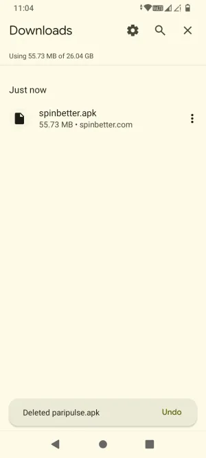SpinBetter APK file finished downloading in the Downloads list