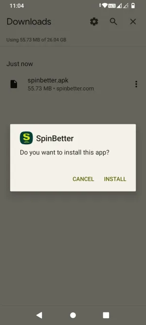 Android install prompt for the SpinBetter app