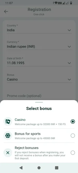 SpinBetter welcome bonus selection screen