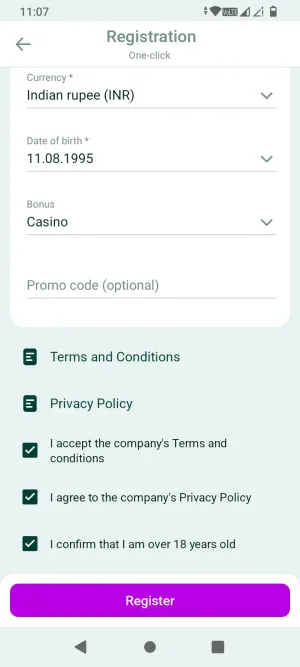 SpinBetter one-click registration form with currency, date of birth, and bonus