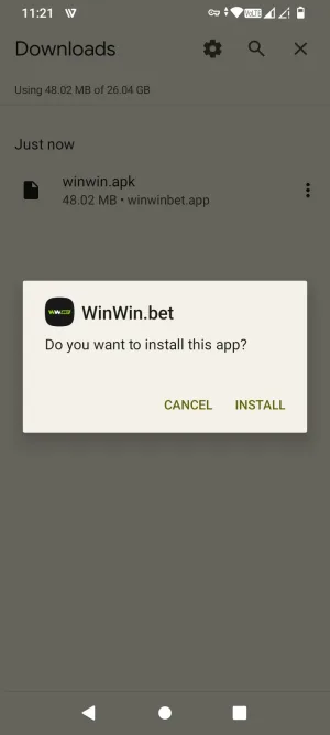 Android install prompt for the WinWin.bet app
