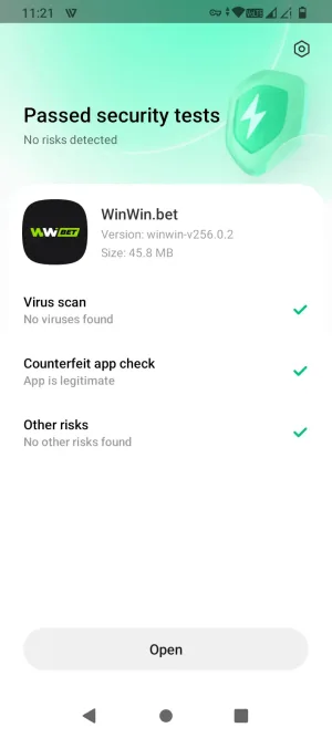 Google Play Protect scan showing the WinWin.bet APK passed with no risks detected