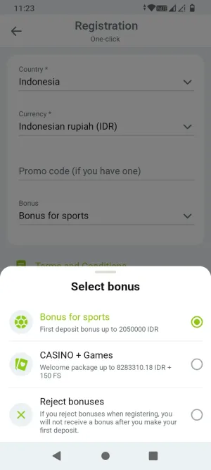 WinWin.bet welcome bonus selection screen