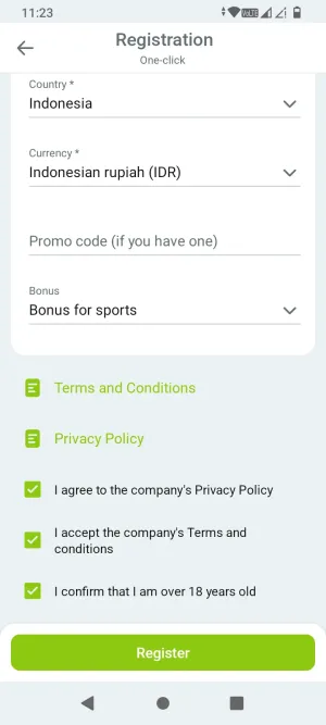 WinWin.bet one-click registration form with country, currency, and bonus